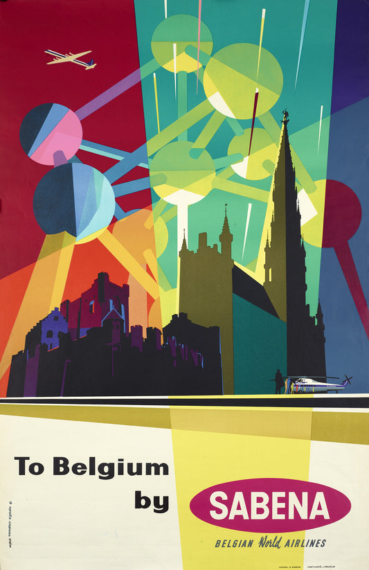 Belgian vintage Air Travel poster - To Belgium by Sabena c1958