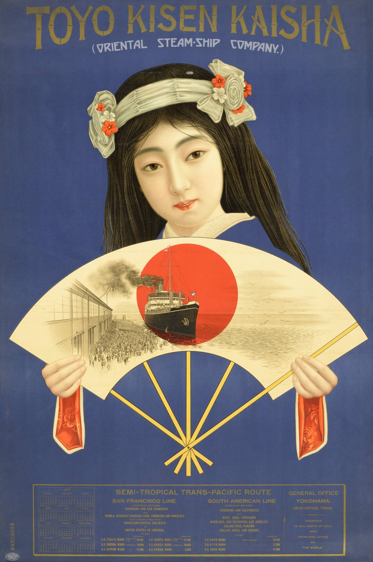 A woman in blue holds a large fan illustrated with an ocean liner and a red sun, beneath Toyo Kisen Kaisha lettering.