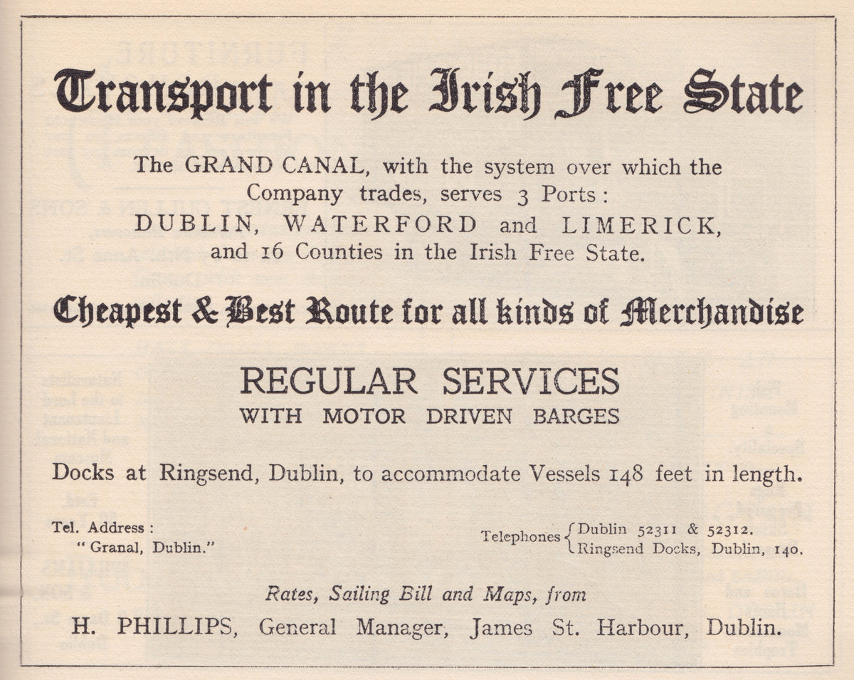 Transport in the Irish Free State 1929 - Grand Canal Advert