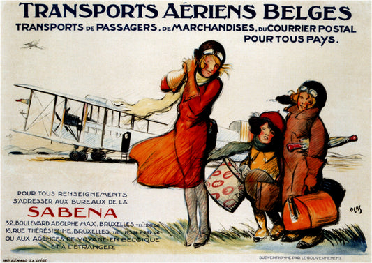 Three travellers in flying attire with luggage beside a biplane and Sabena lettering.