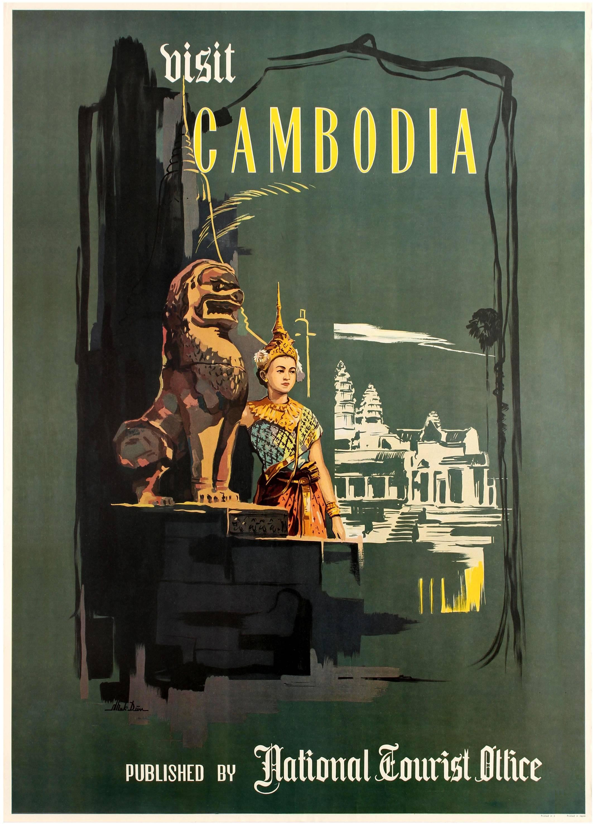 A traditionally dressed figure stands beside a stone guardian with temple architecture on a deep green background.