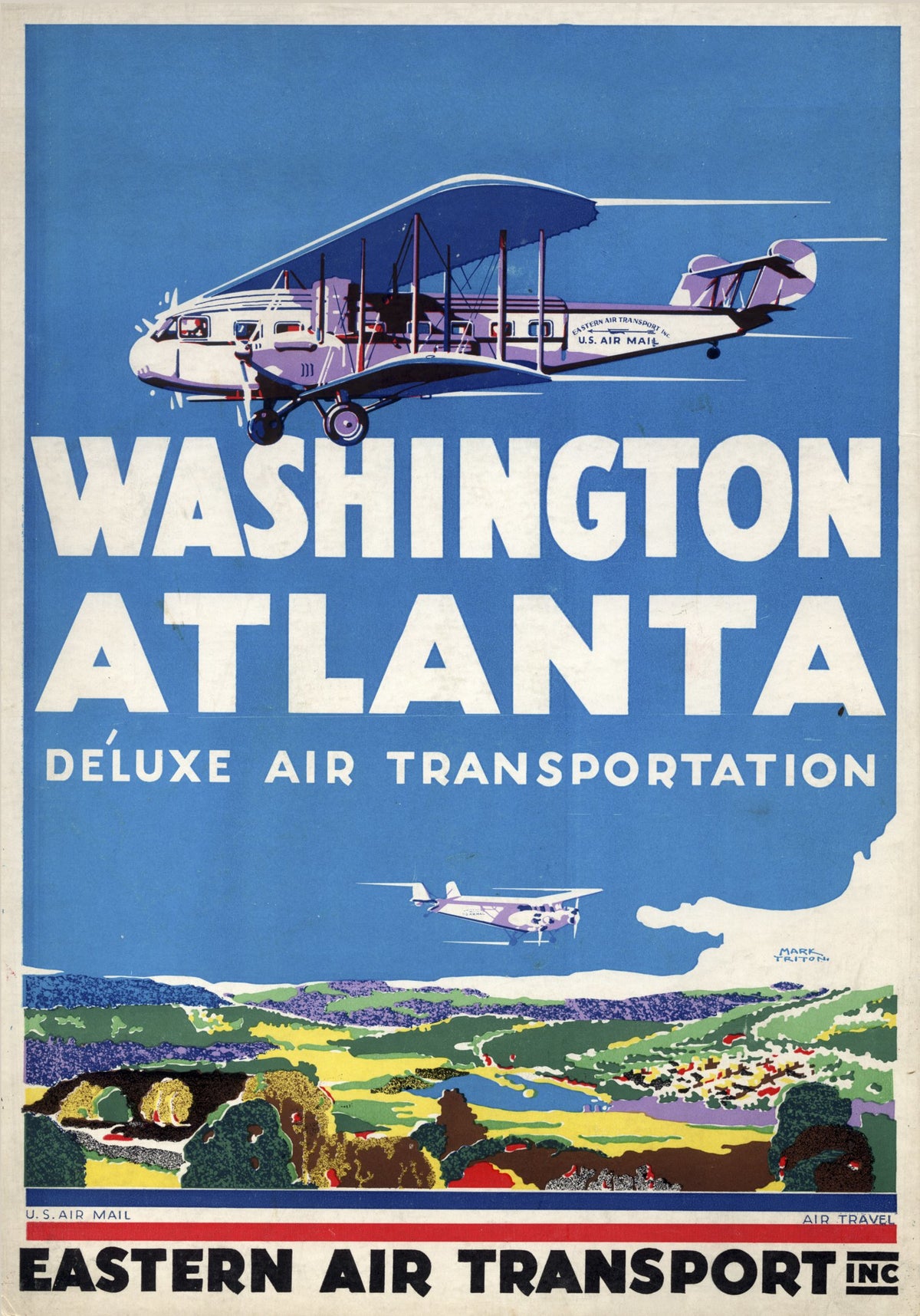 A passenger biplane flies across a blue sky above a colourful landscape and bold Washington Atlanta lettering.