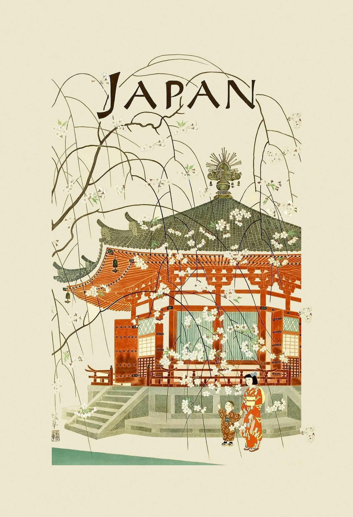 Delicate hanging blossom frames an orange and white shrine, with two figures in patterned dress beside its steps.