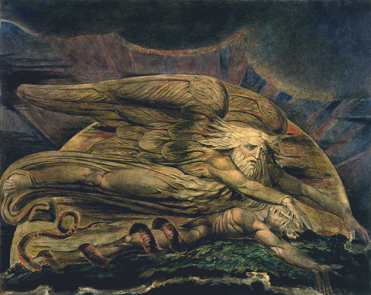 A winged bearded figure stretches over a reclining man and a coiling serpent in a dramatic dark-toned biblical scene.