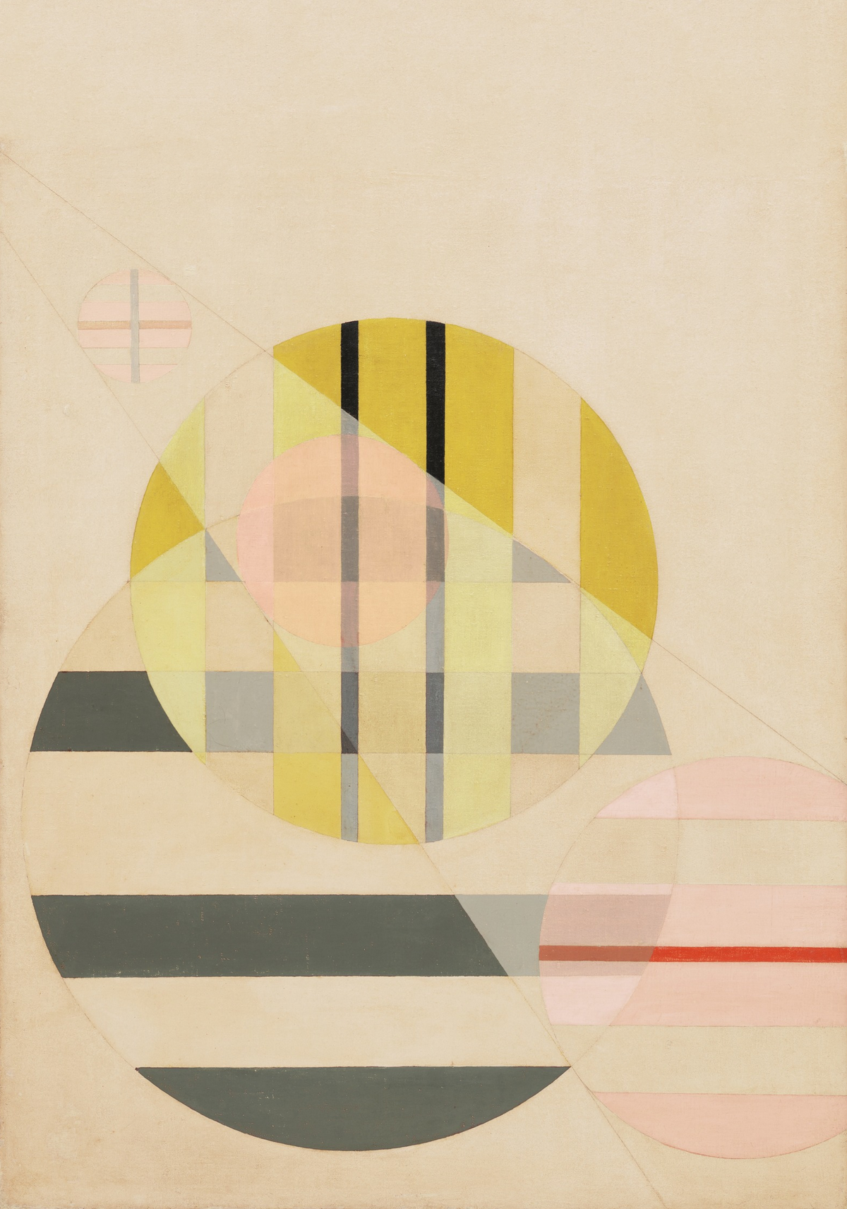 Yellow and pale pink geometric forms intersect black lines on cream.