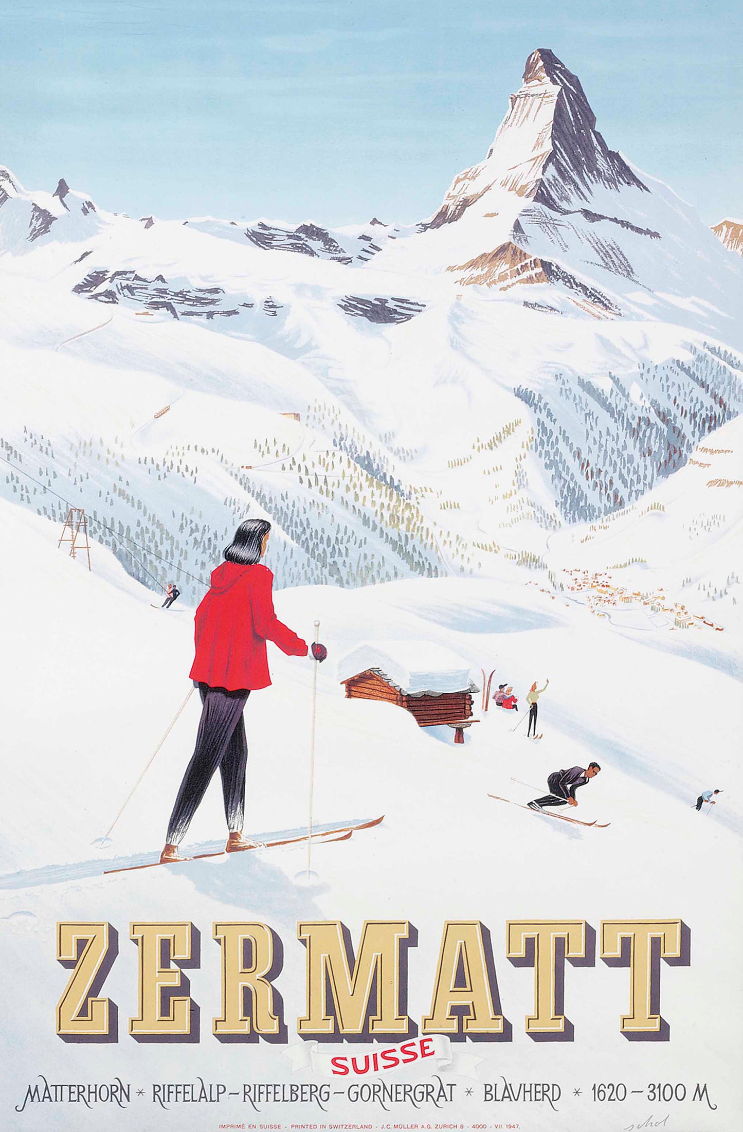 Vintage Ski poster Zermatt Switzerland c1938 Hugo Schol