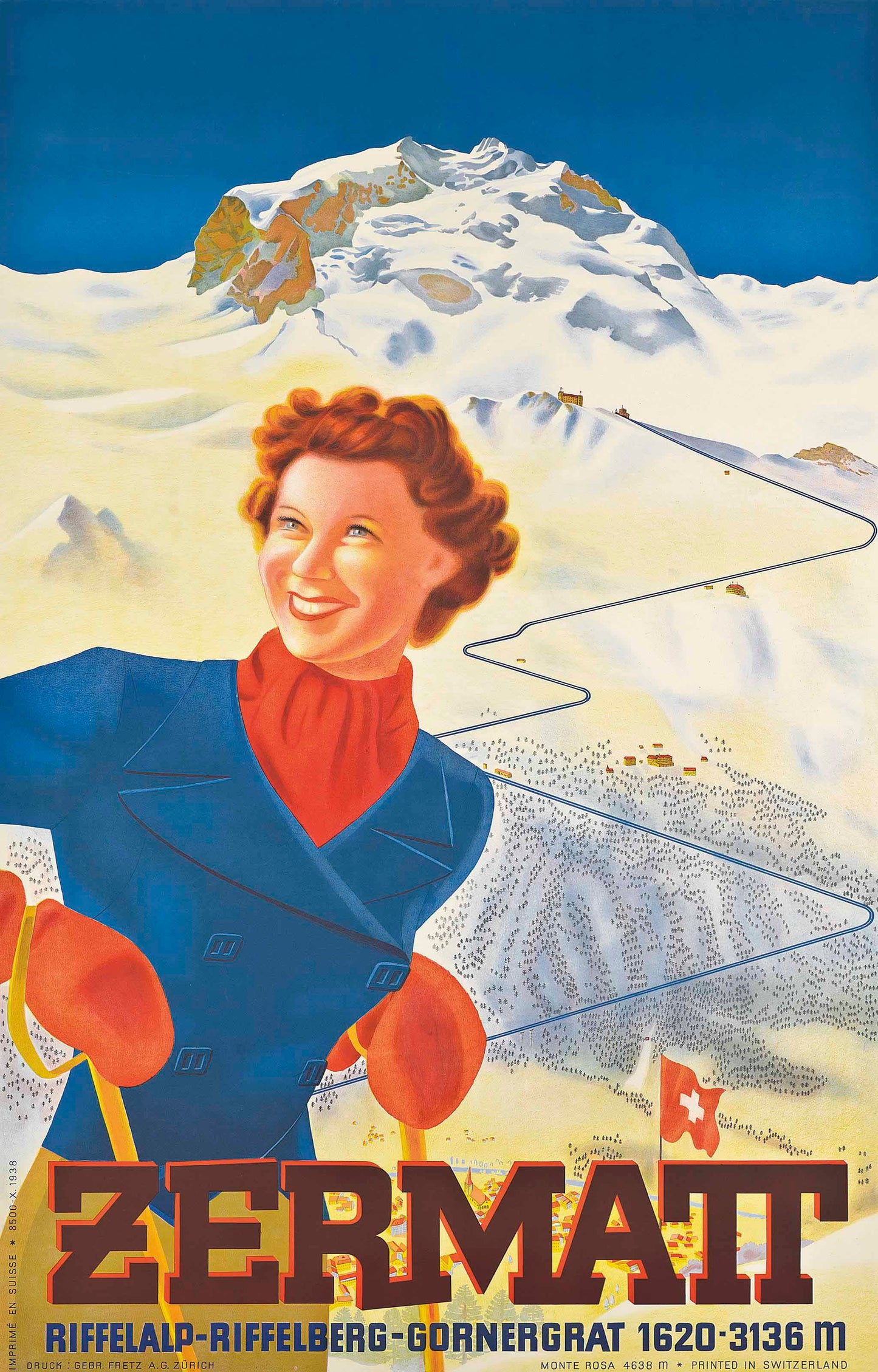 Vintage Ski poster Zermatt Switzerland c1938
