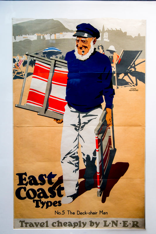 Vintage LNER Rail travel poster - "East coast types - no5 The Deck chair man"