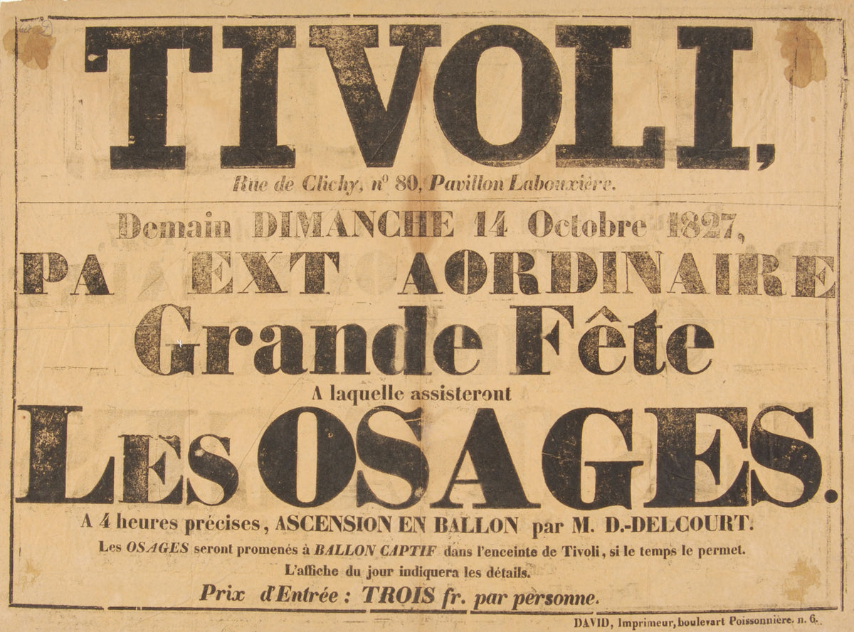 Large weathered black typography on a warm cream ground advertises a Tivoli celebration and balloon ascent.