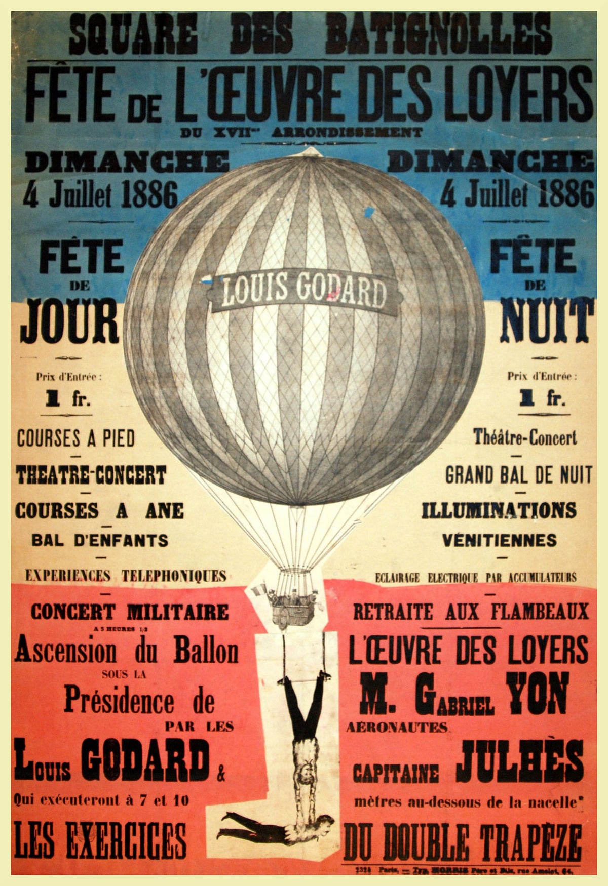 A striped Louis Godard balloon towers above suspended acrobats against blue, cream and red panels of festival lettering.
