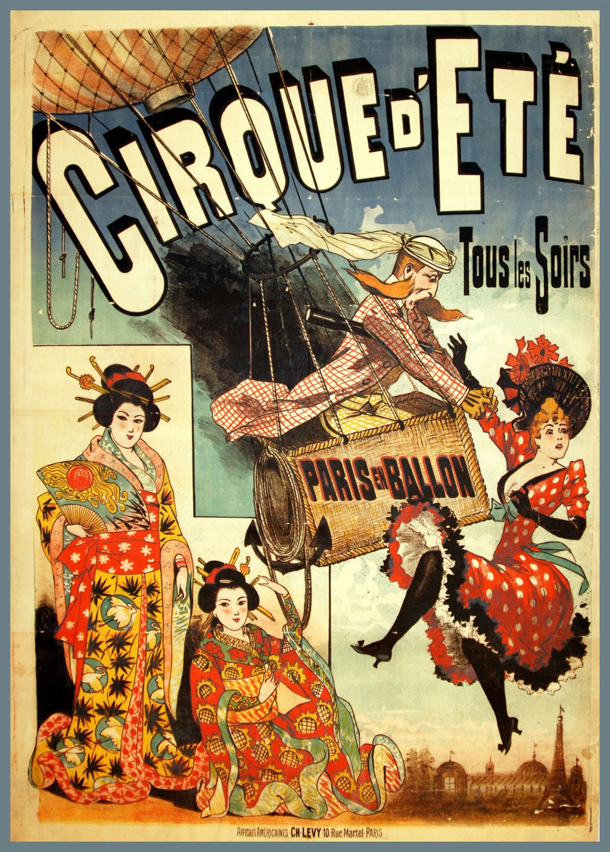 A balloon basket marked Paris en Ballon is surrounded by colourful performers beneath sweeping circus lettering.