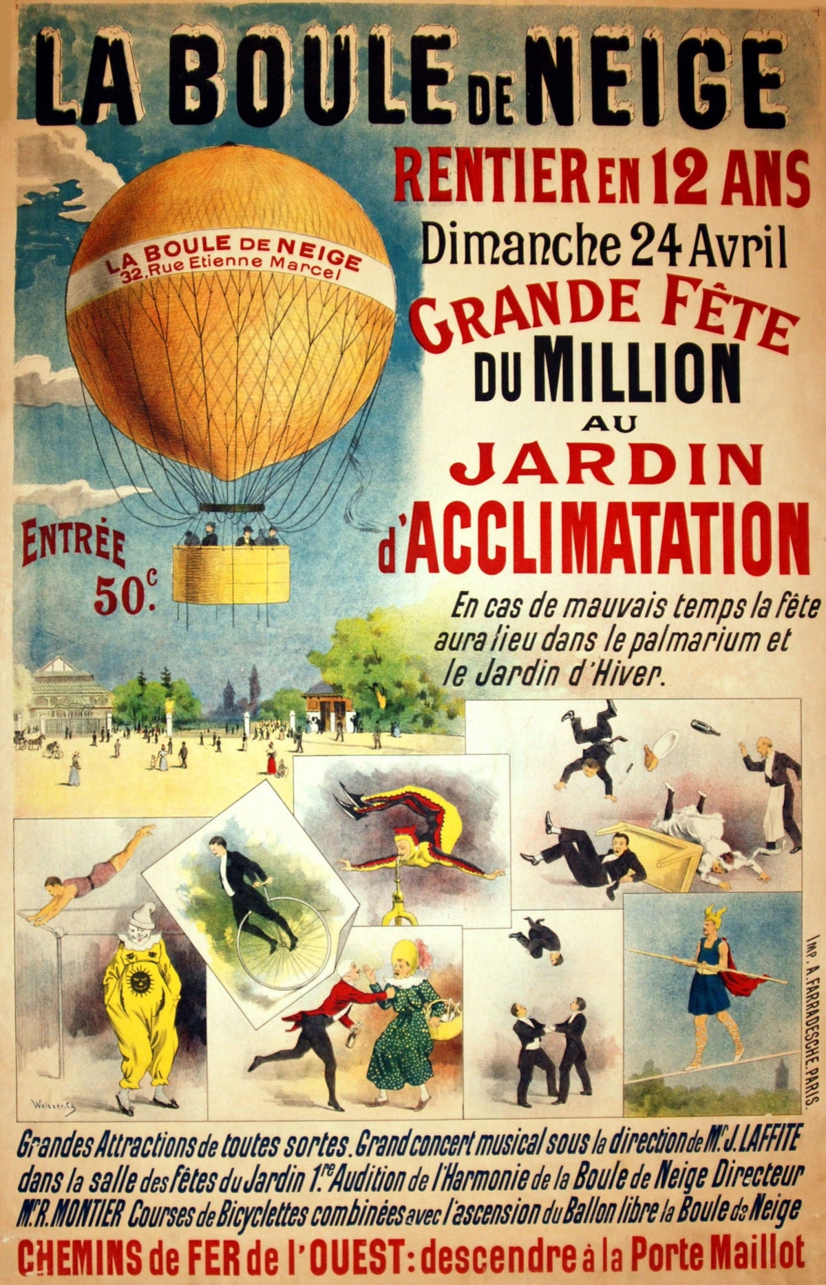 A golden balloon floats above a garden and small scenes of entertainers beneath bold red and black French lettering.