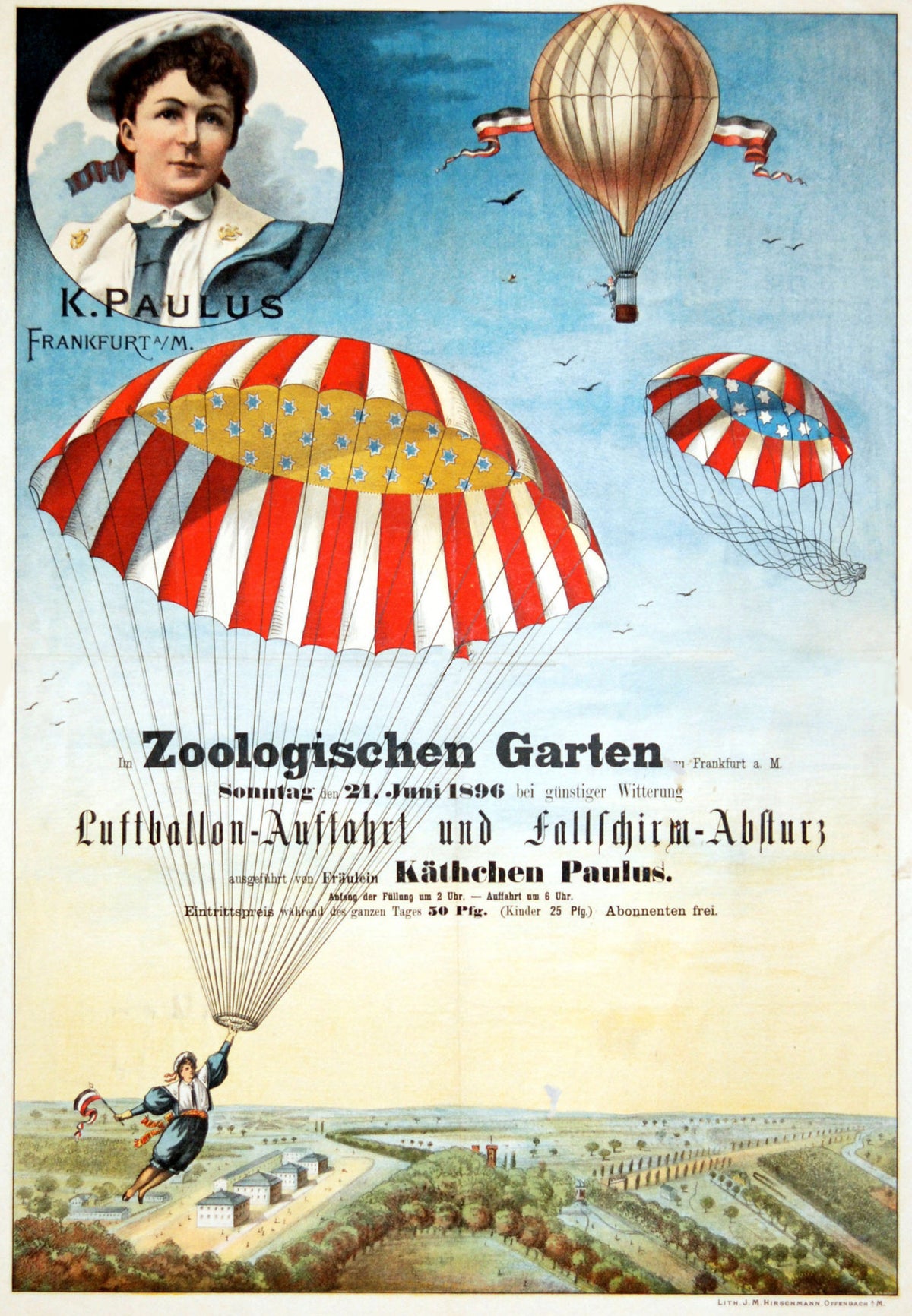 Red-and-white parachutes descend beneath a balloon and a portrait of K. Paulus against a blue sky.