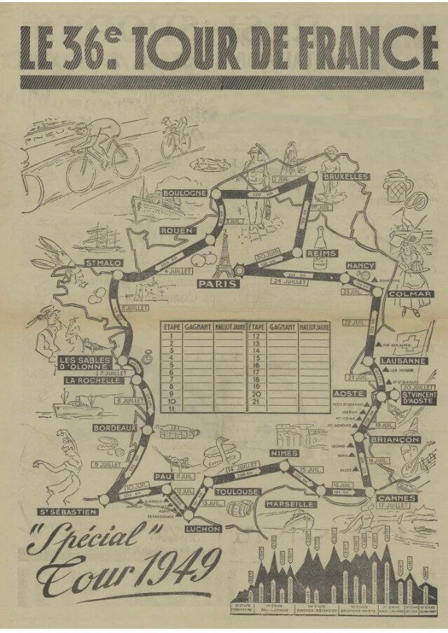 Vintage Cycling Poster - Tour de France Map, 1949