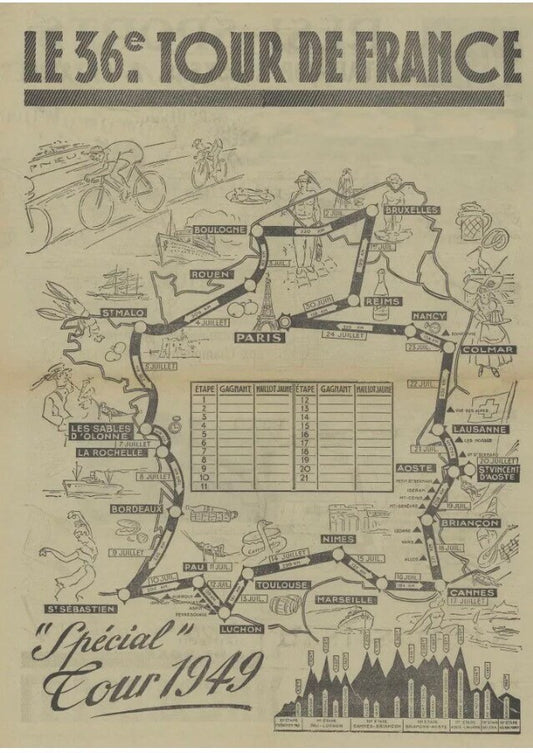 Vintage Cycling Poster - Tour de France Map, 1949