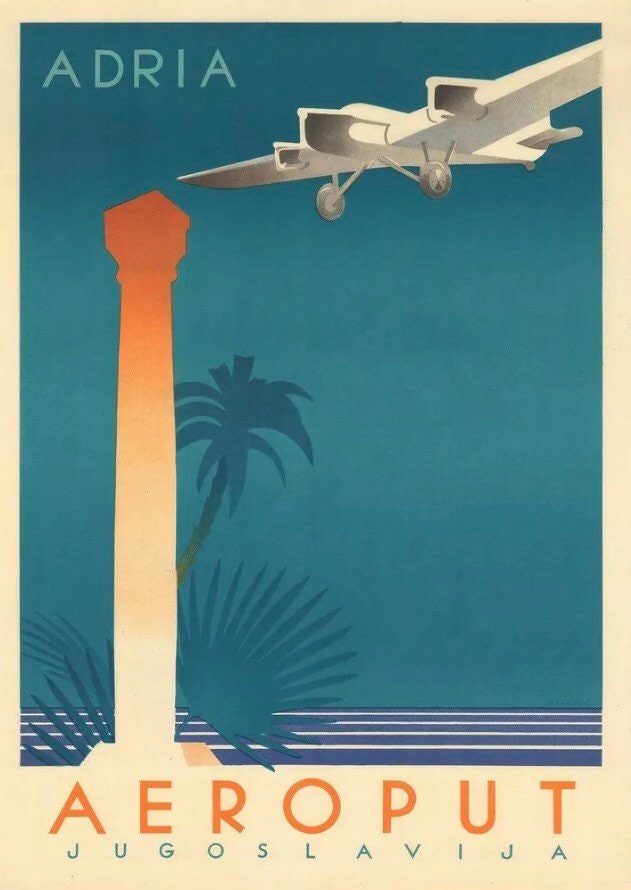 Vintage Travel Poster - Yugoslavia, Adria Vintage Air Travel, 1930s