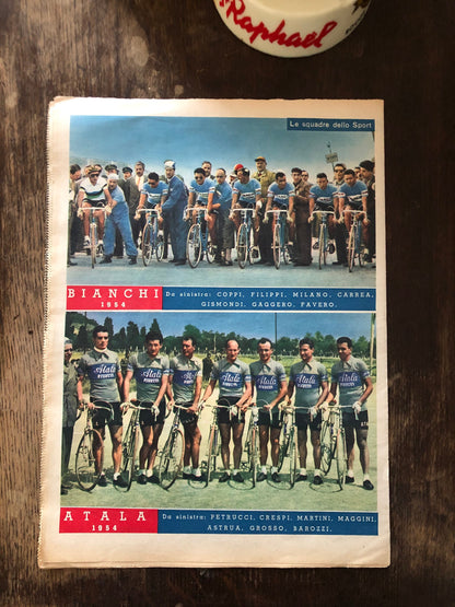 Vintage Cycling Print (colour)- Fausto Coppi,Bianchi/Atala Teams, Original 1954