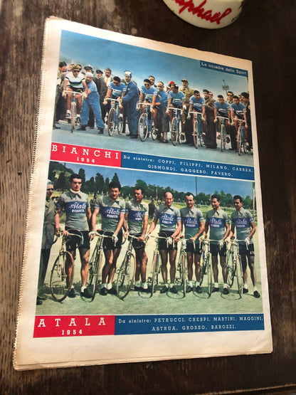 Vintage Cycling Print (colour)- Fausto Coppi,Bianchi/Atala Teams, Original 1954