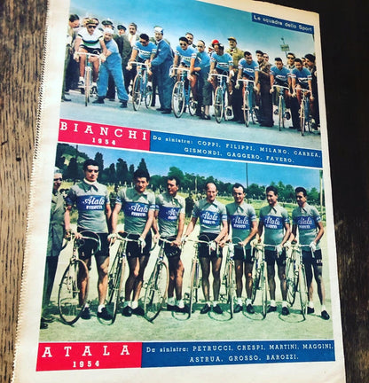 Vintage Cycling Print (colour)- Fausto Coppi,Bianchi/Atala Teams, Original 1954