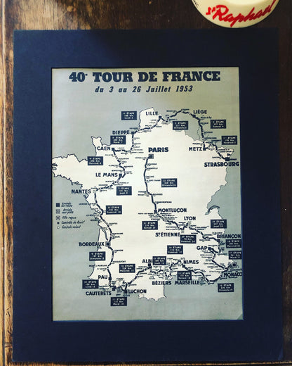 Vintage Cycling Print - Tour de France Route Map, Original 1953