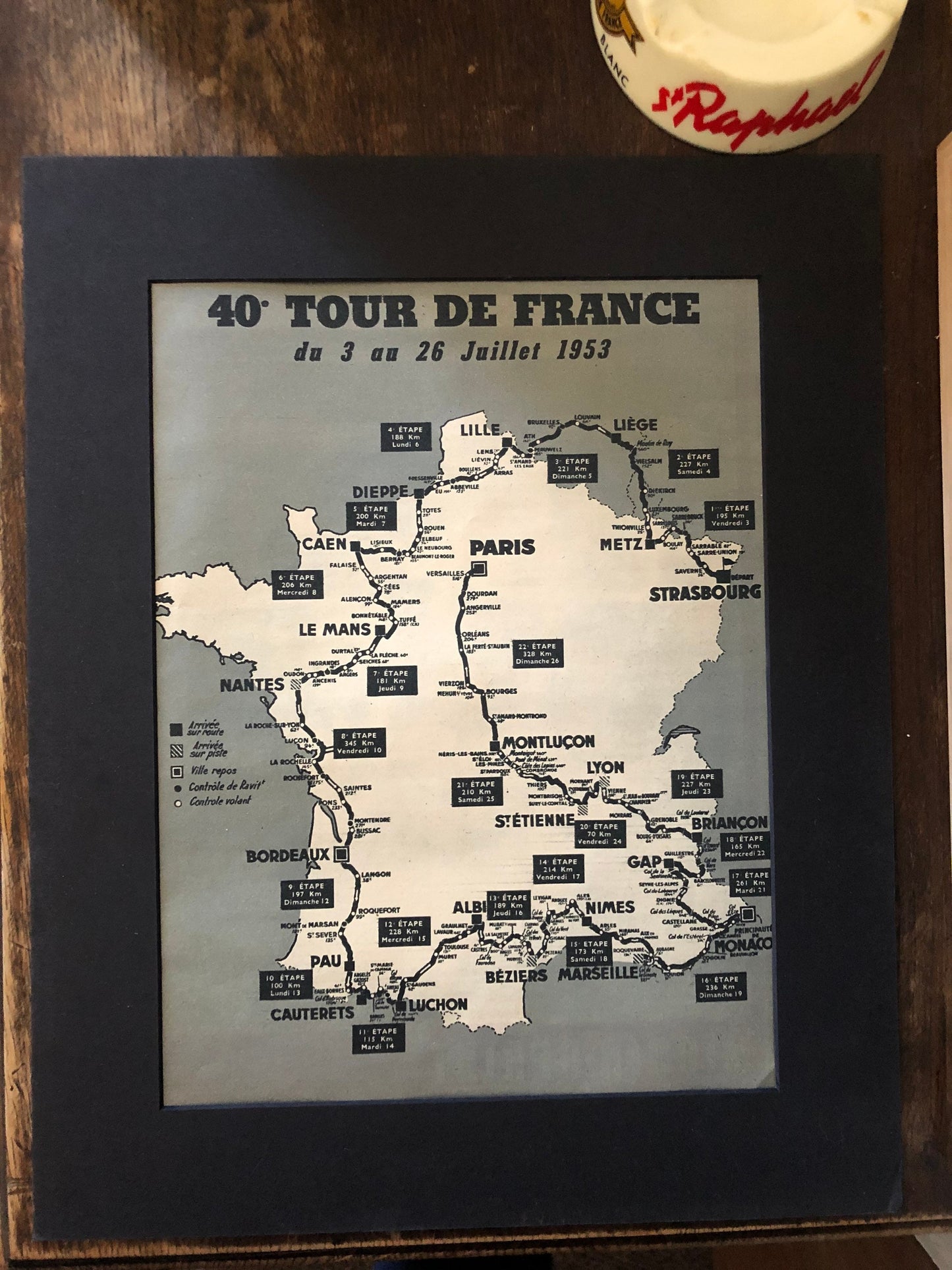 Vintage Cycling Print - Tour de France Route Map, Original 1953