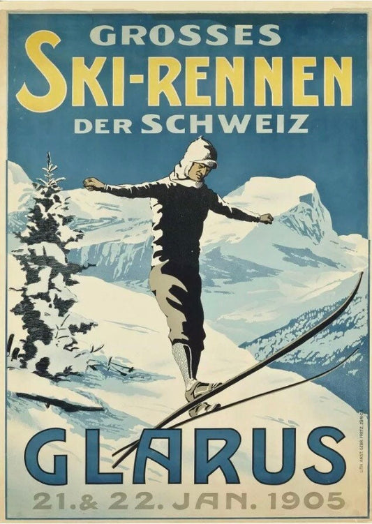 Vintage Ski Poster - Swiss Ski  Resort, Rennen, Art Deco 1905