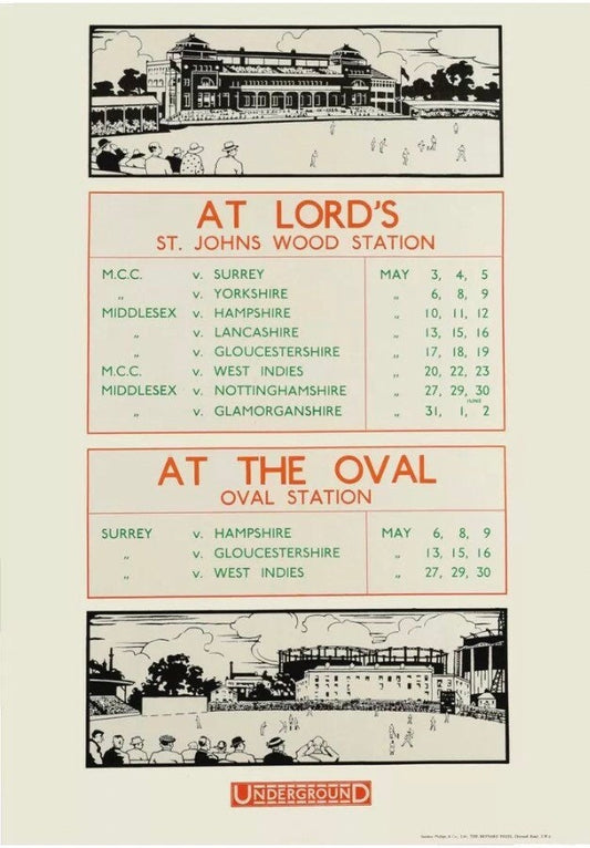 Vintage British Advertising Poster - Cricket at Lords, London Underground c1913