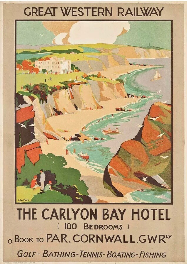 Vintage British Travel Poster - Great Western Railway, Carlyon Bay Hotel, Cornwall c1930s