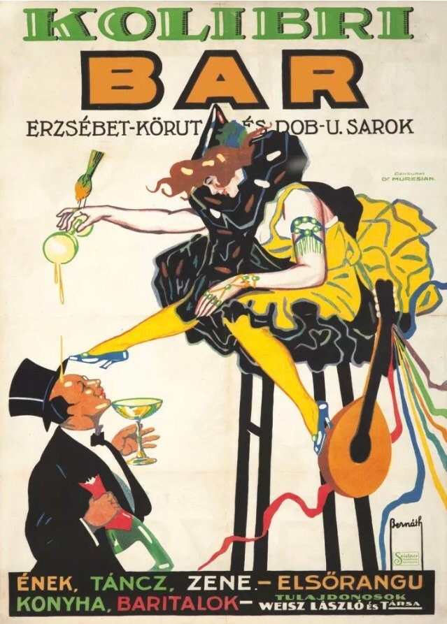 Vintage Advertising Poster - Kolibri Bar, Hungary Wines, Beers and Spirits, c1920