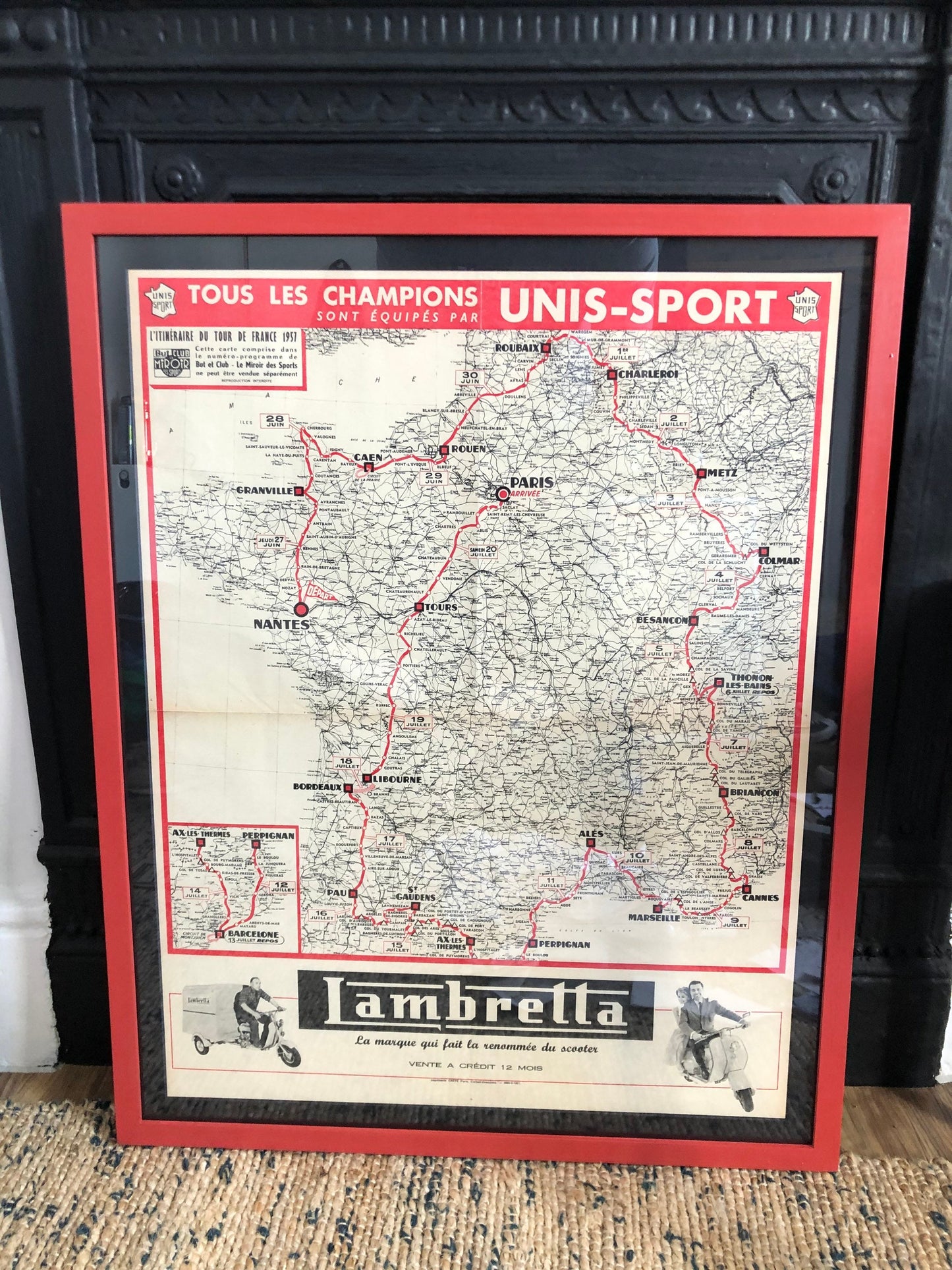 Vintage Cycling Print - Tour de France, Lambretta Map, Original 1953