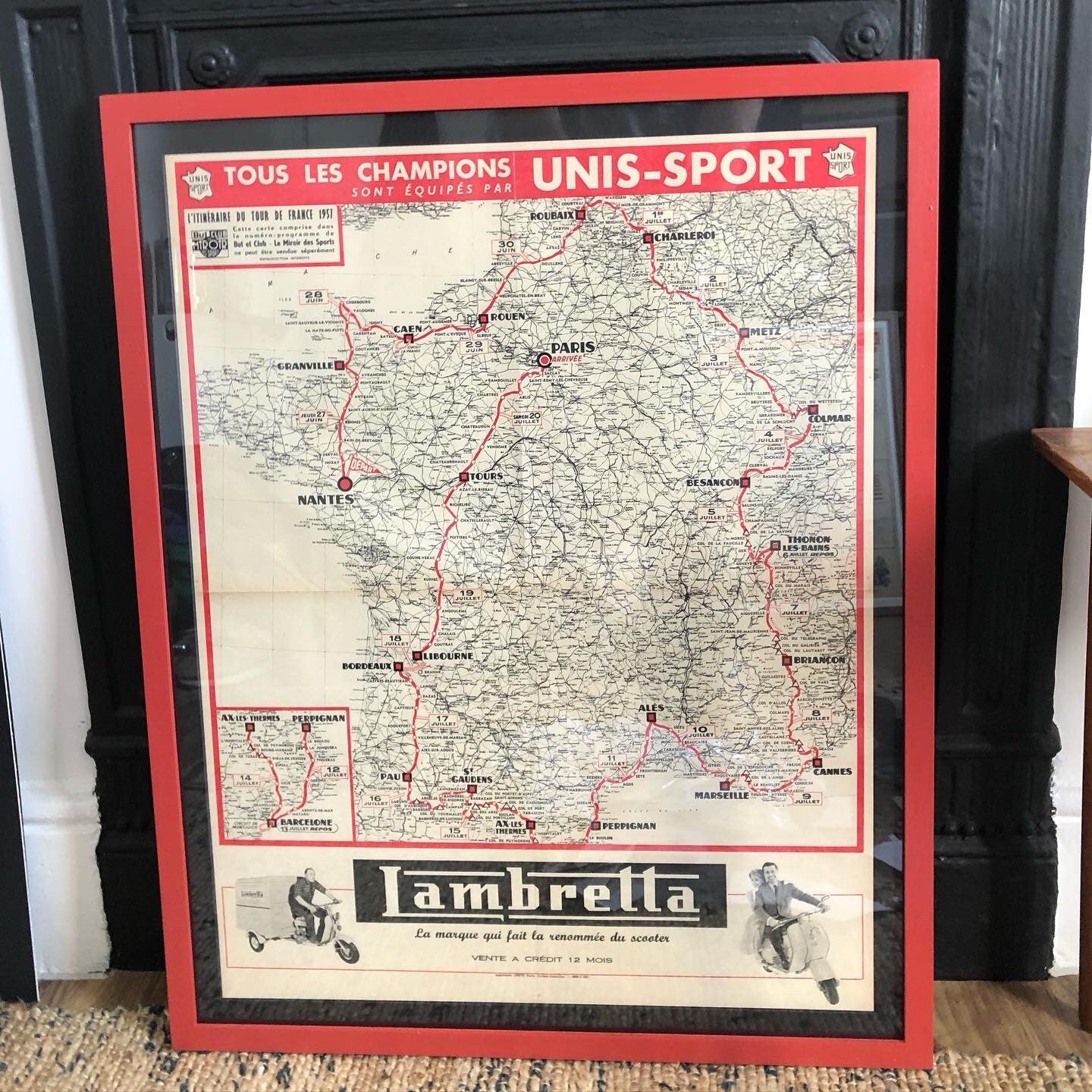 Vintage Cycling Print - Tour de France, Lambretta Map, Original 1953