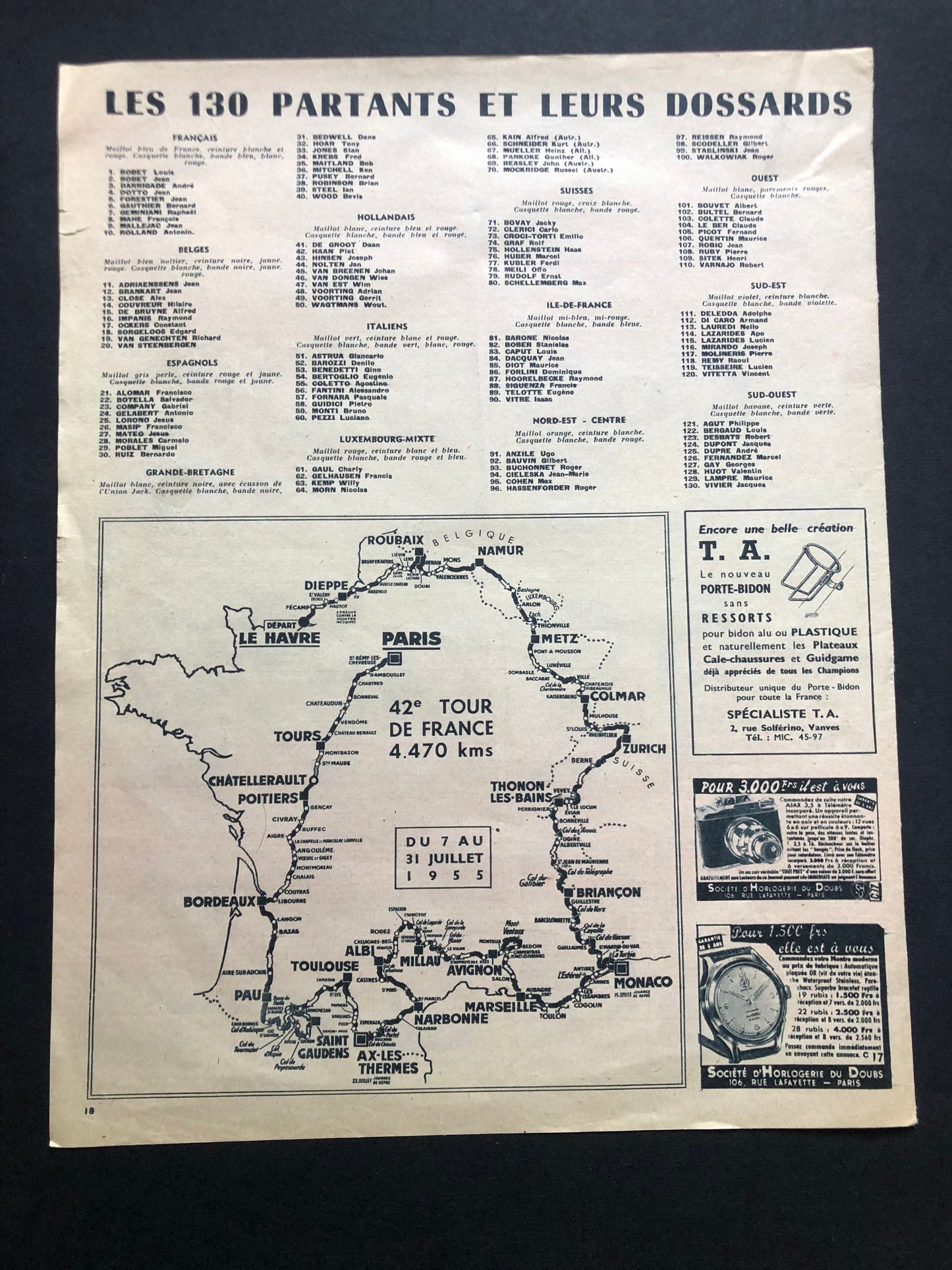 Vintage Cycling Print - Tour de France Route Map, Original 1955