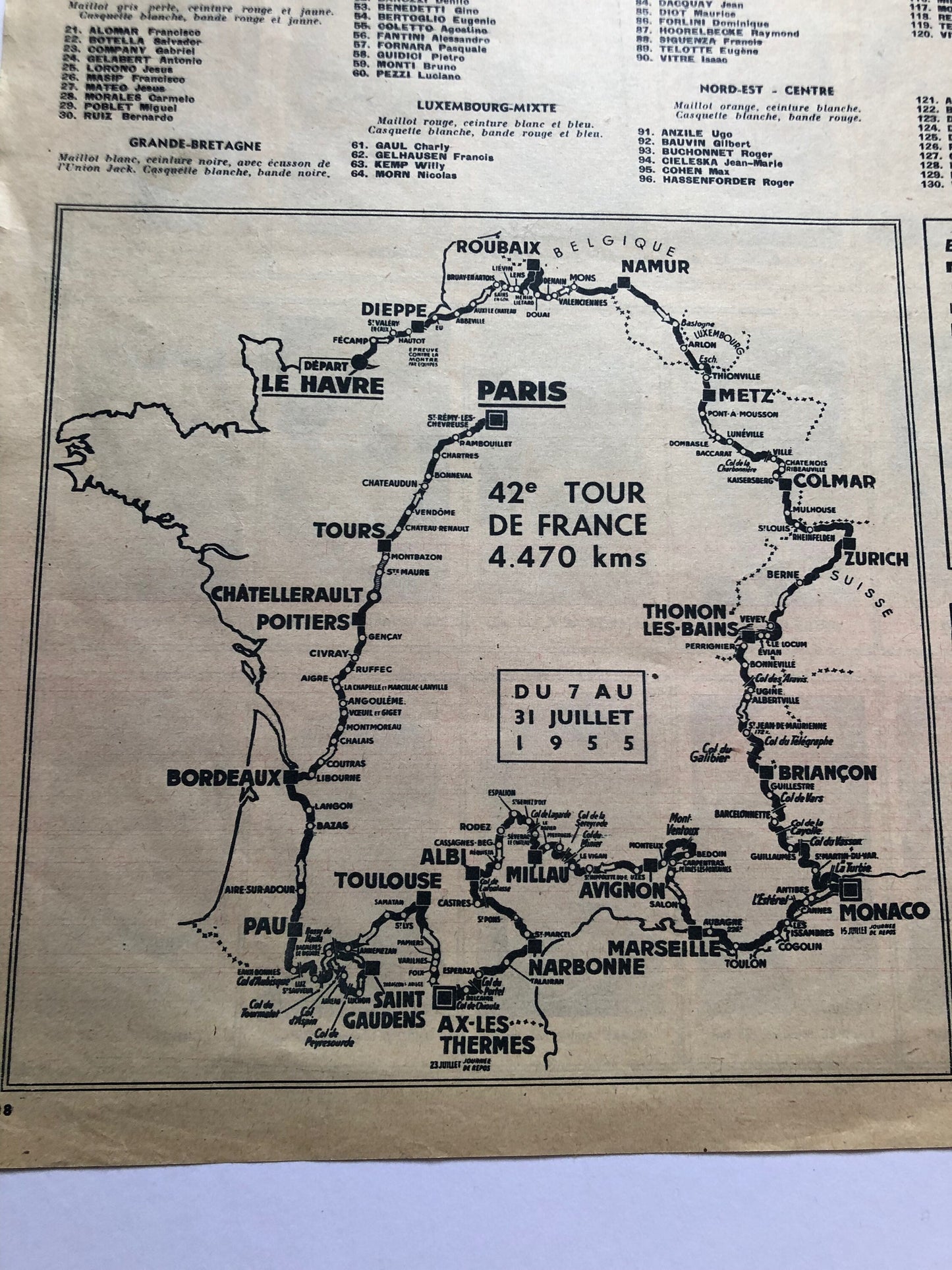 Vintage Cycling Print - Tour de France Route Map, Original 1955