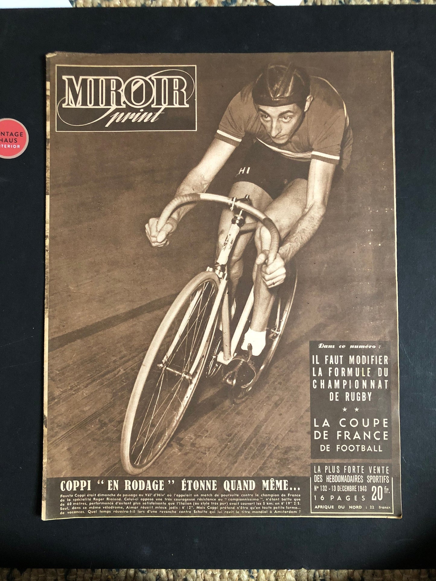 Vintage Cycling Print - Fausto Coppi, Bianchi Pista, Original 1953