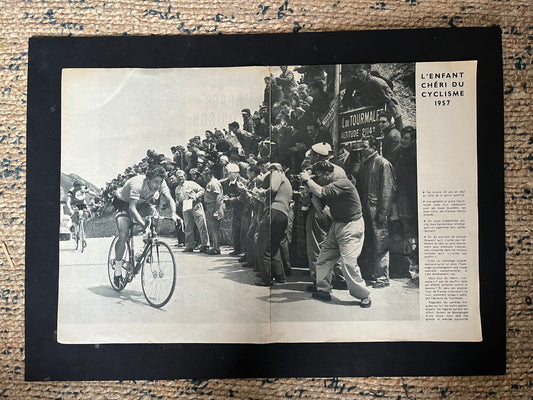 Vintage Cycling Print - Jacques Anquetil, Col du Tourmalet, Tour de France, original 1957