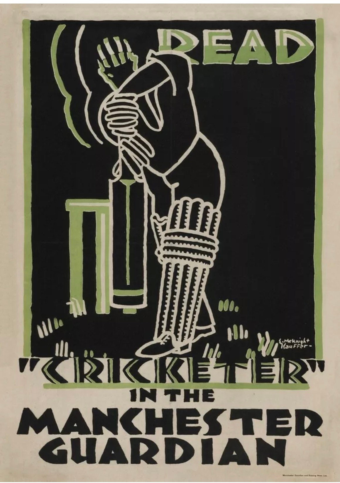 Vintage Advertising Poster - 'Read Cricketer', Manchester Guardian, Edward McKnight Kauffer c1920