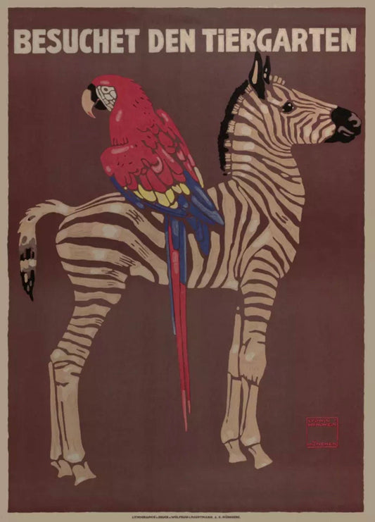 Vintage Design Print - Munich Zoological Gardens, Ludwig Hohlwein, Zebra/Parrot, 1912