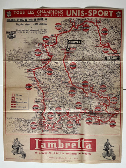 Vintage Cycling Print - Tour de France, Lambretta Route Map, 1953