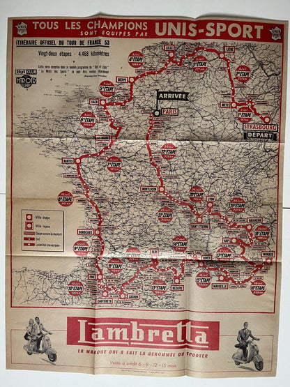 Vintage Cycling Print - Tour de France, Lambretta Route Map, 1953