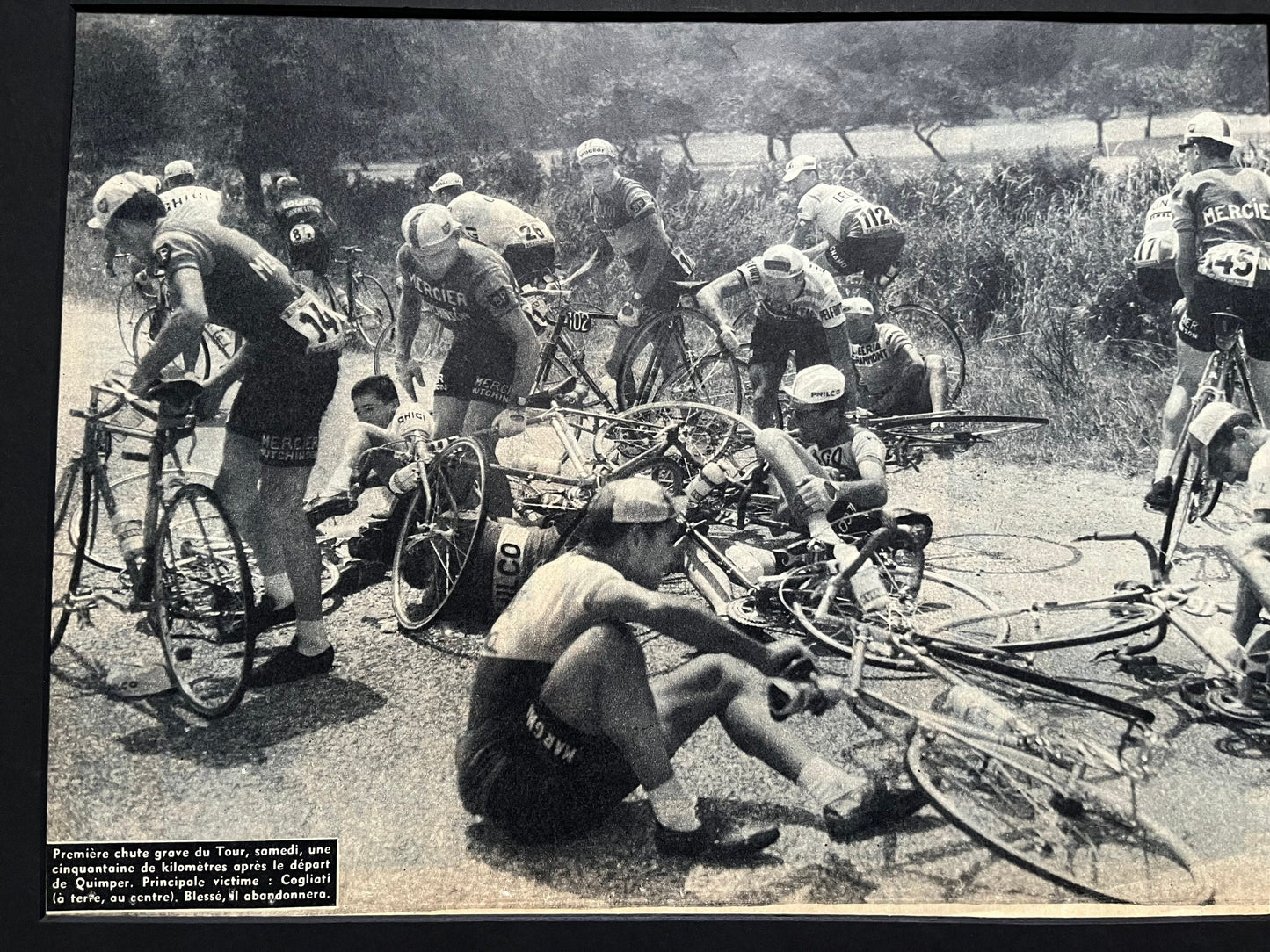 Vintage Tour de France crash cycling print 1959 Peugeot Mercier Bianchi