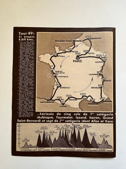 Vintage Cycling Print - Tour de France Map, Original, 1949