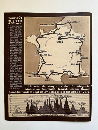 Vintage Cycling Print - Tour de France Map, Original, 1949