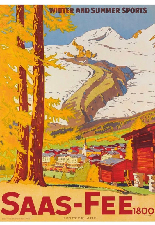 Vintage Ski Resort Poster - SAAS FEE, Swiss 1928