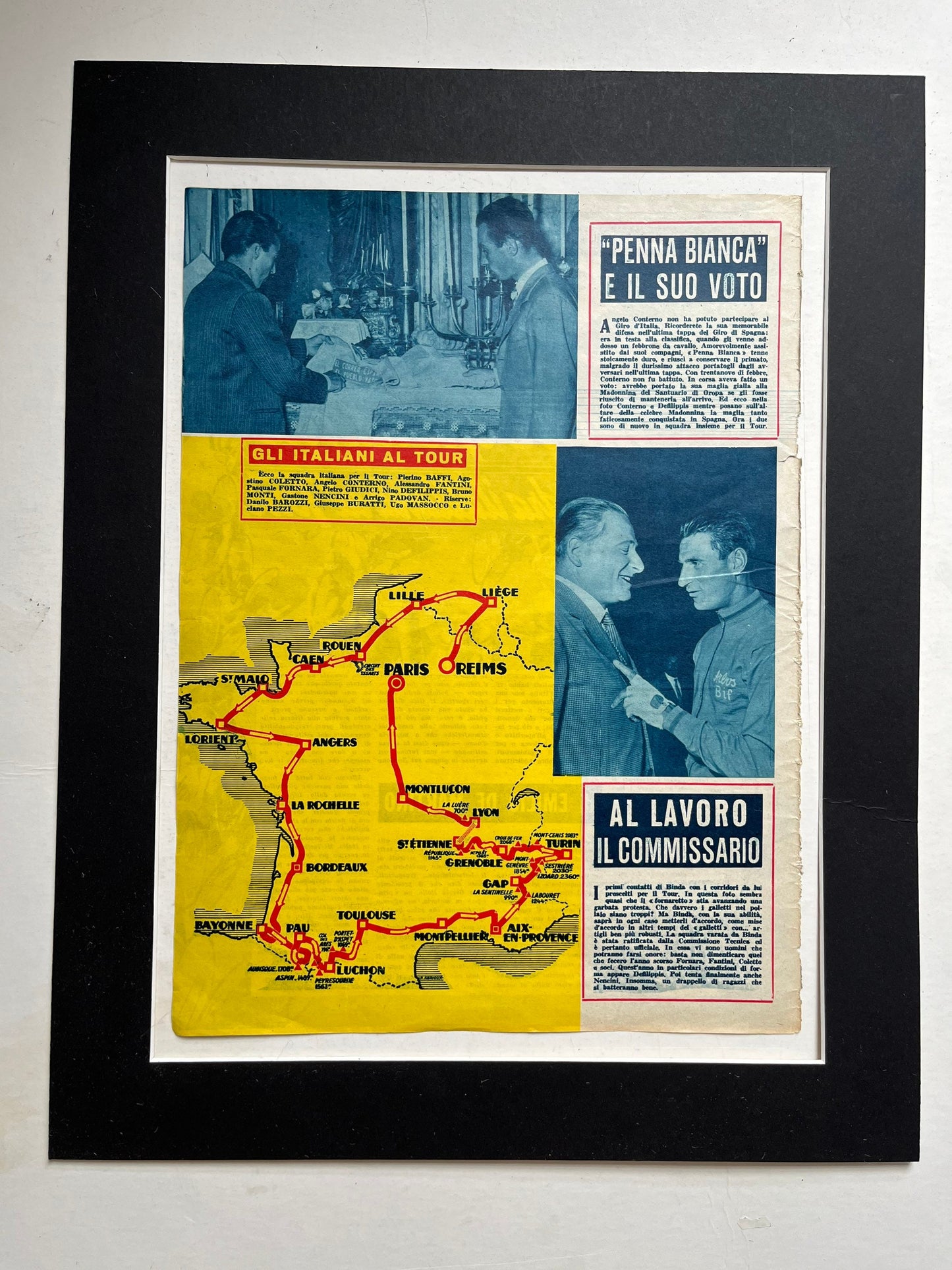 Vintage Cycling Print - Tour de France Route Map, Original 1953