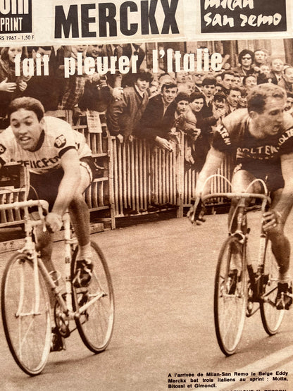 Vintage Cycling Print - Eddy Merckx, Milan - San Remo, Original 1967