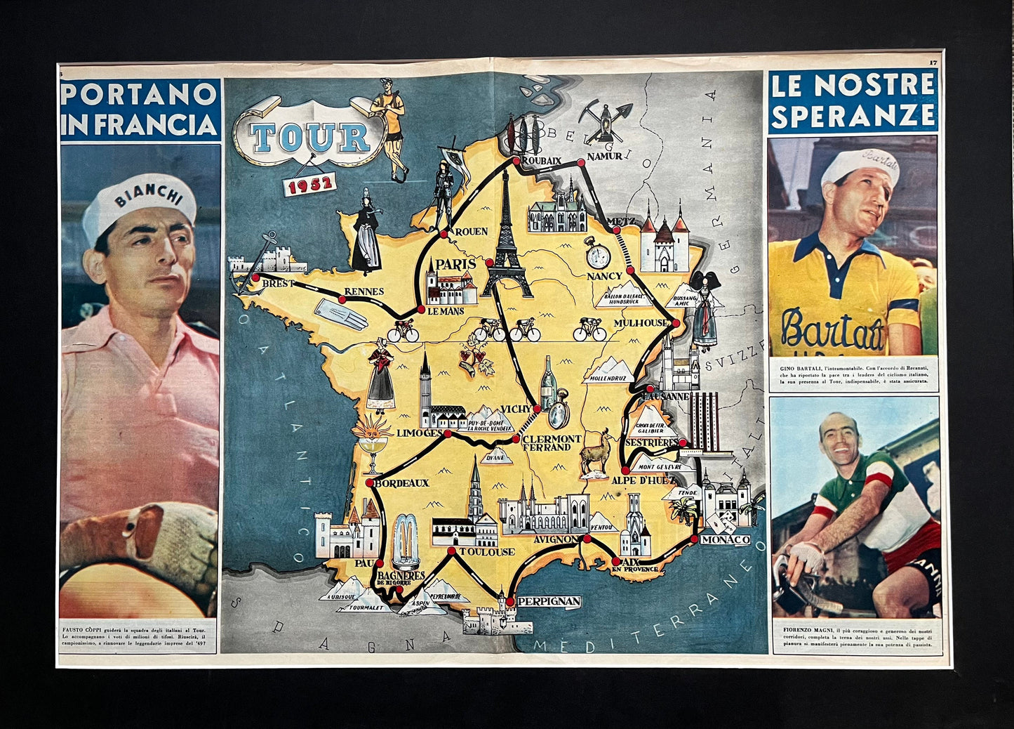 Vintage Cycling Print (route map) - Fausto Coppi/Gino Bartali, Original, Tour de France, 1952