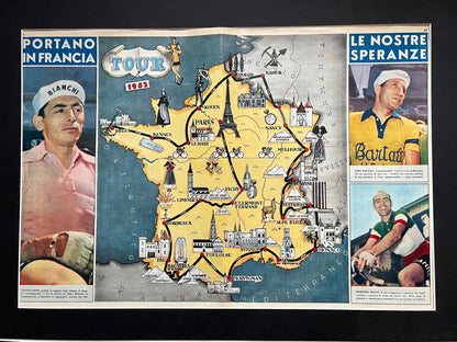 Vintage Cycling Print (route map) - Fausto Coppi/Gino Bartali, Original, Tour de France, 1952