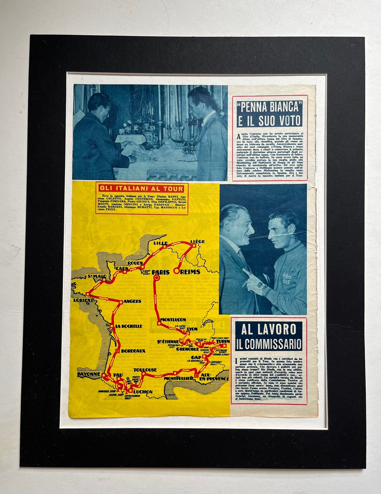 Vintage Cycling Print - Tour de France Route Map, Original 1953