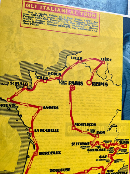 Vintage Cycling Print - Tour de France Route Map, Original 1953