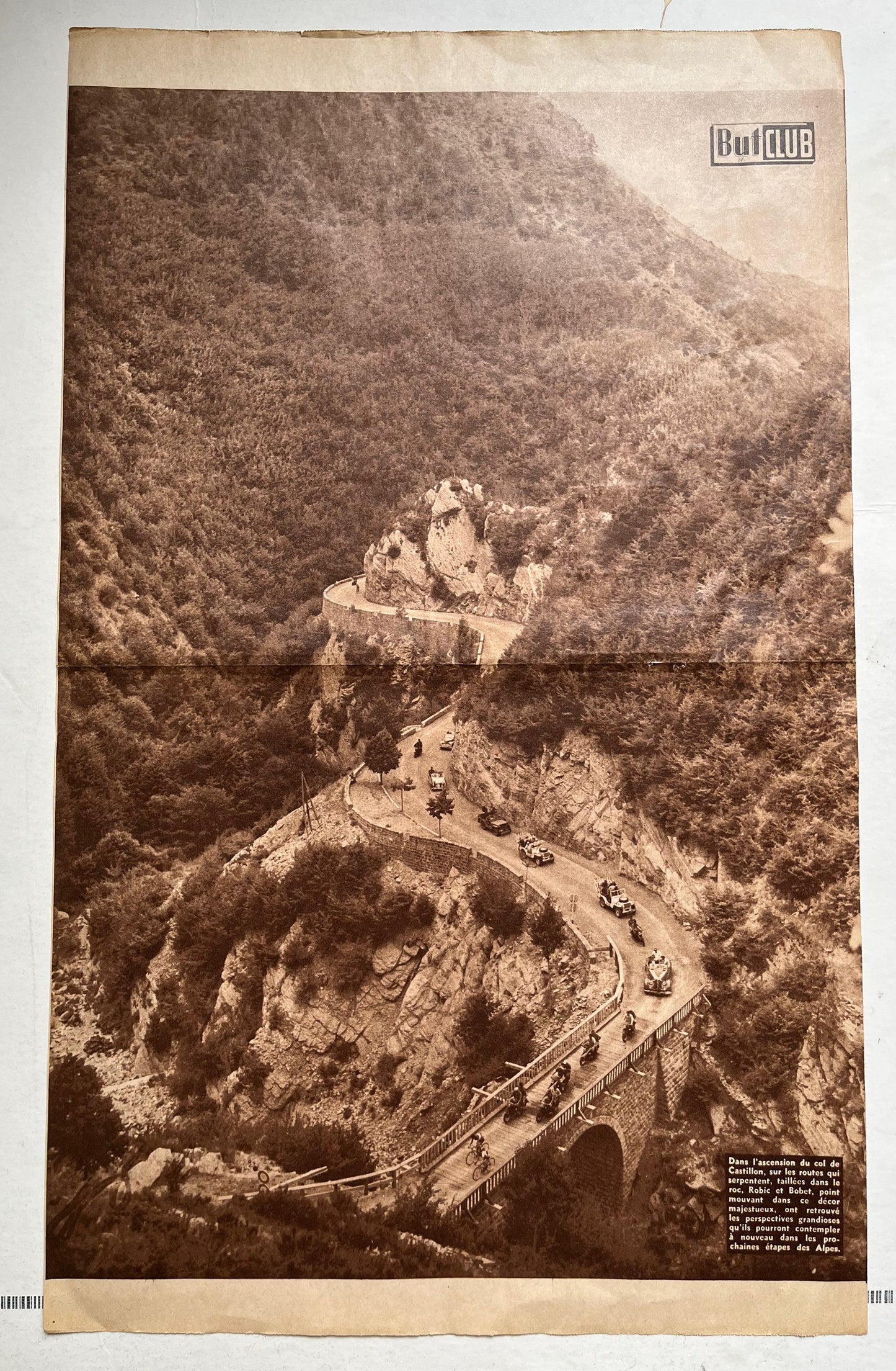 Vintage Cycling Print - Tour de France Peloton, Le Col du Castillon, Original  1952